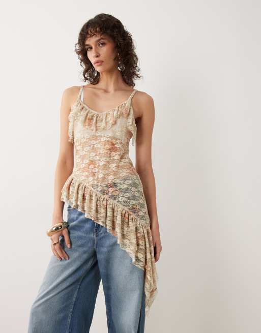 Miss Selfridge asymmetric lace top with ruffle in vintage floral print