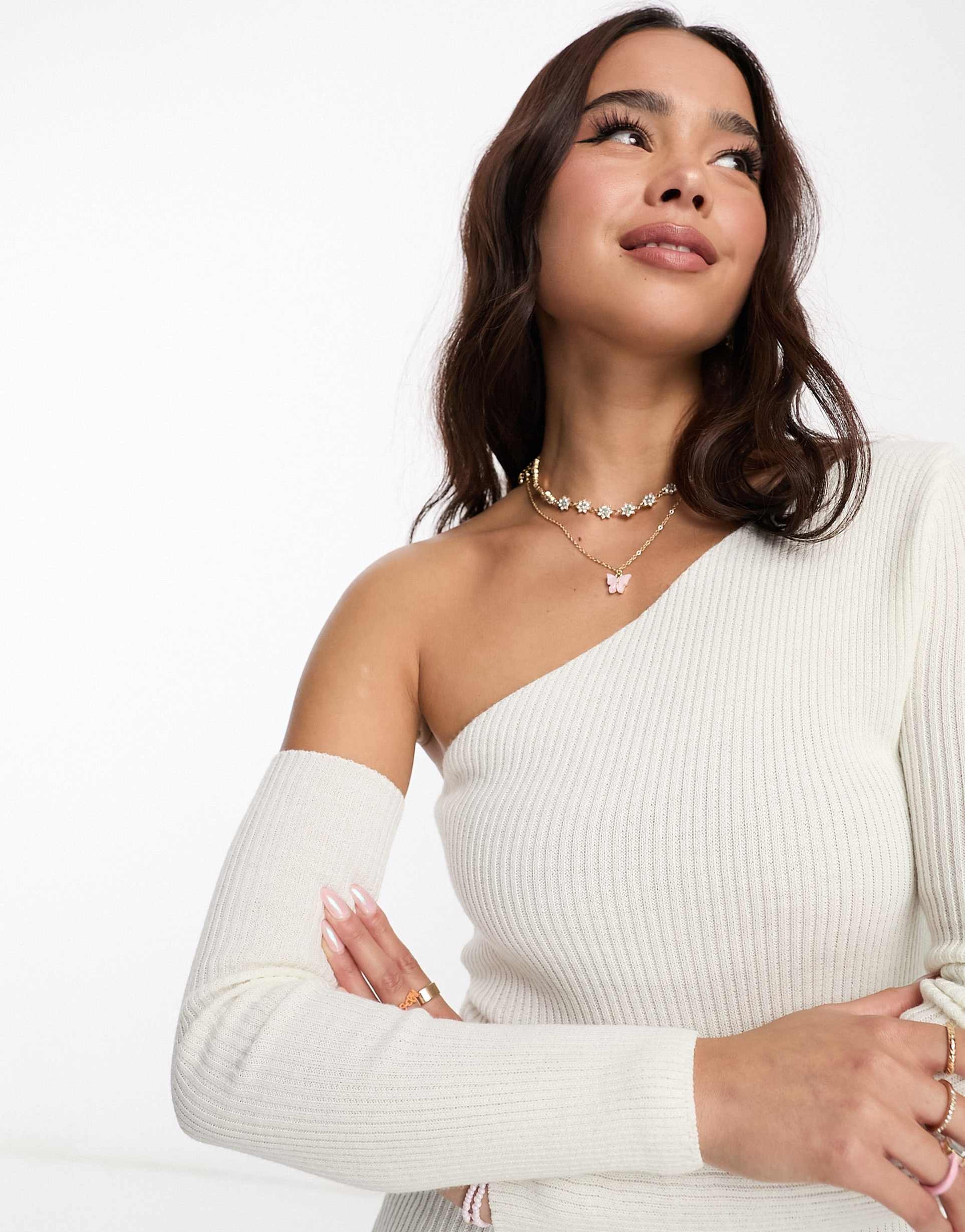 miss selfridge asymmetric long sleeve ribbed dress in ivory