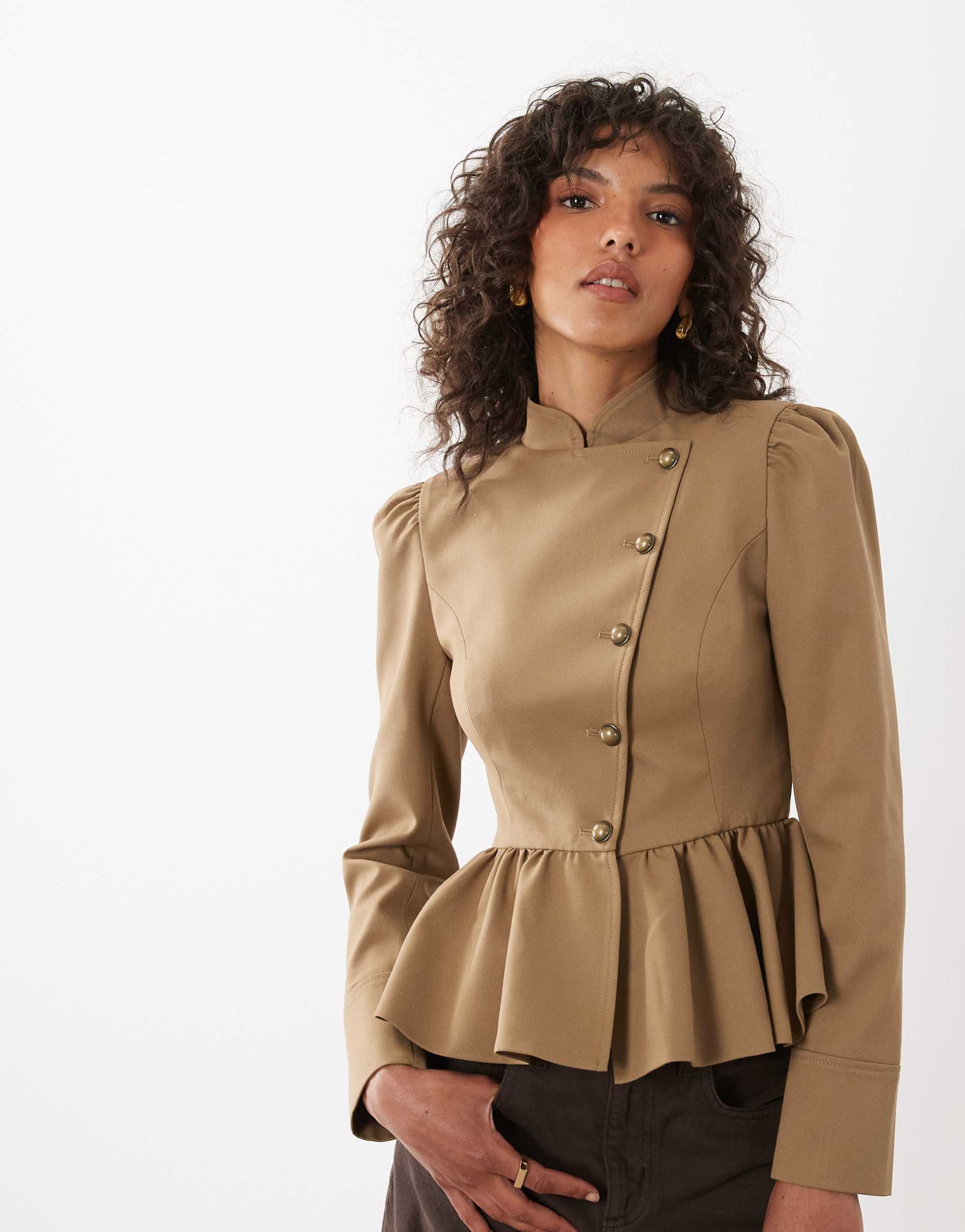 miss selfridge asymmetric military jacket in camel