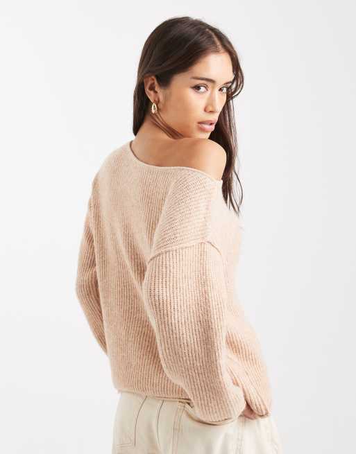 Miss Selfridge asymmetric off-shoulder slouchy cosy knit jumper in camel, 4 of 4