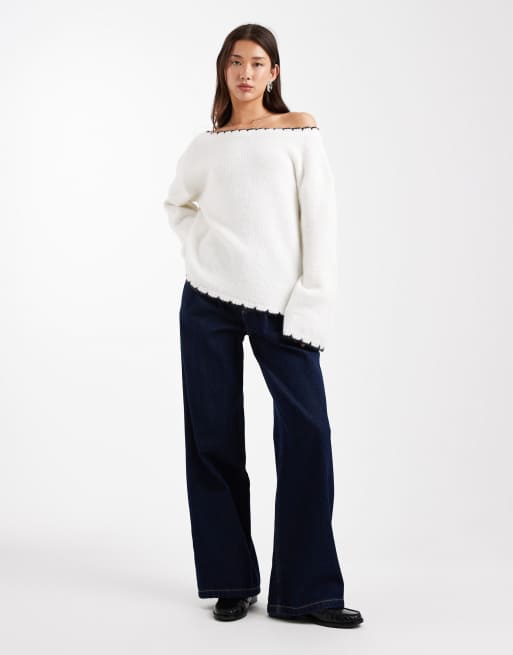 Miss Selfridge asymmetric off-the-shoulder blanket stitch slouchy sweater in cream