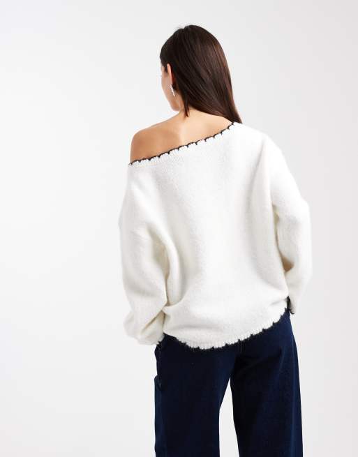 Miss Selfridge asymmetric off-the-shoulder blanket stitch slouchy sweater in cream