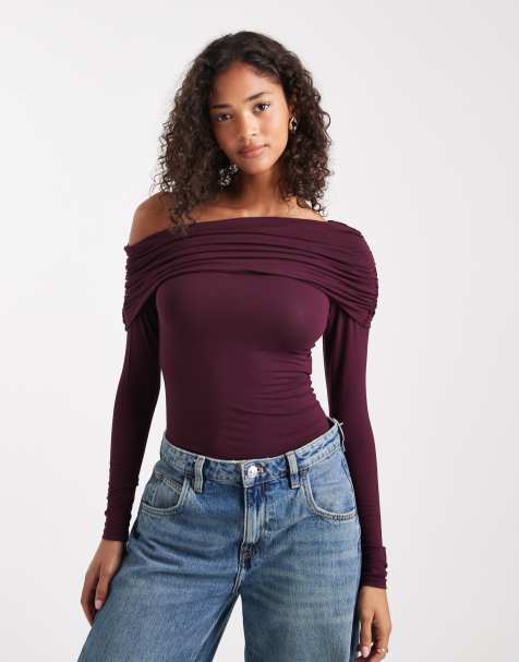 Miss Selfridge asymmetric off the shoulder bodysuit in plum - view 1