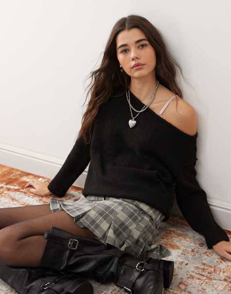 Miss Selfridge asymmetric off the shoulder slouchy cosy knit jumper in black - view 1