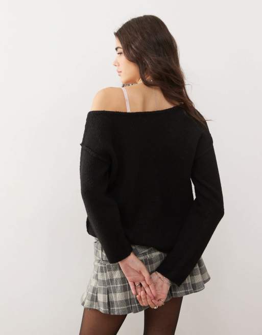 Miss Selfridge asymmetric off the shoulder slouchy cosy knit jumper in black
