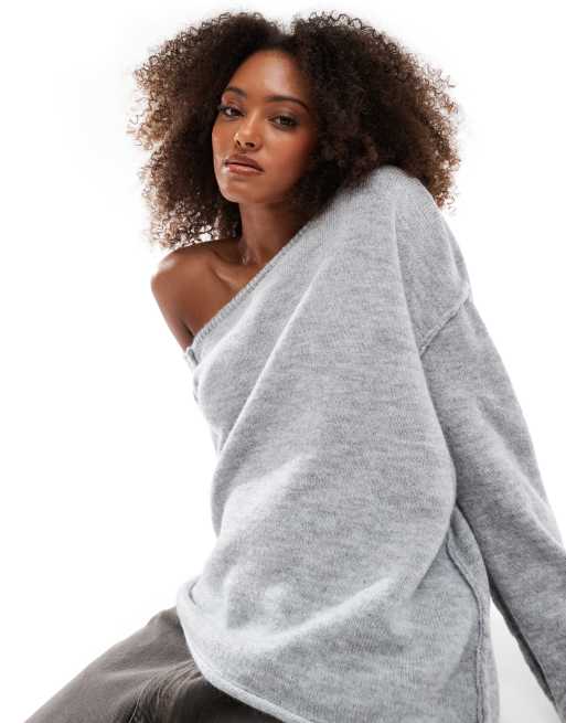 Miss Selfridge asymmetric off the shoulder slouchy cosy knit jumper in grey marl