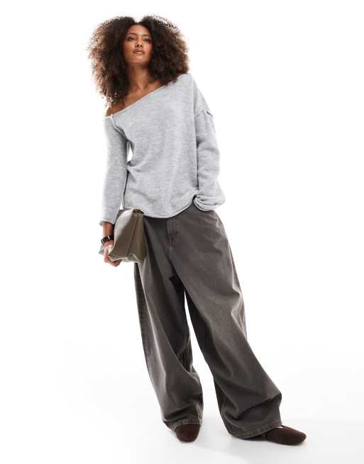 Miss Selfridge asymmetric off the shoulder slouchy cosy knit jumper in grey marl