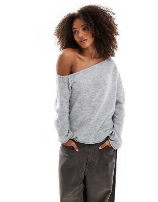 Miss Selfridge asymmetric off the shoulder slouchy cosy knit jumper in grey marl