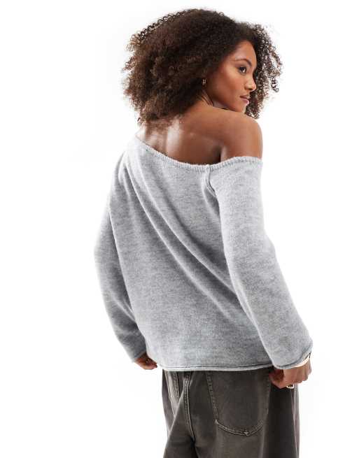 Miss Selfridge asymmetric off the shoulder slouchy cosy knit jumper in grey marl