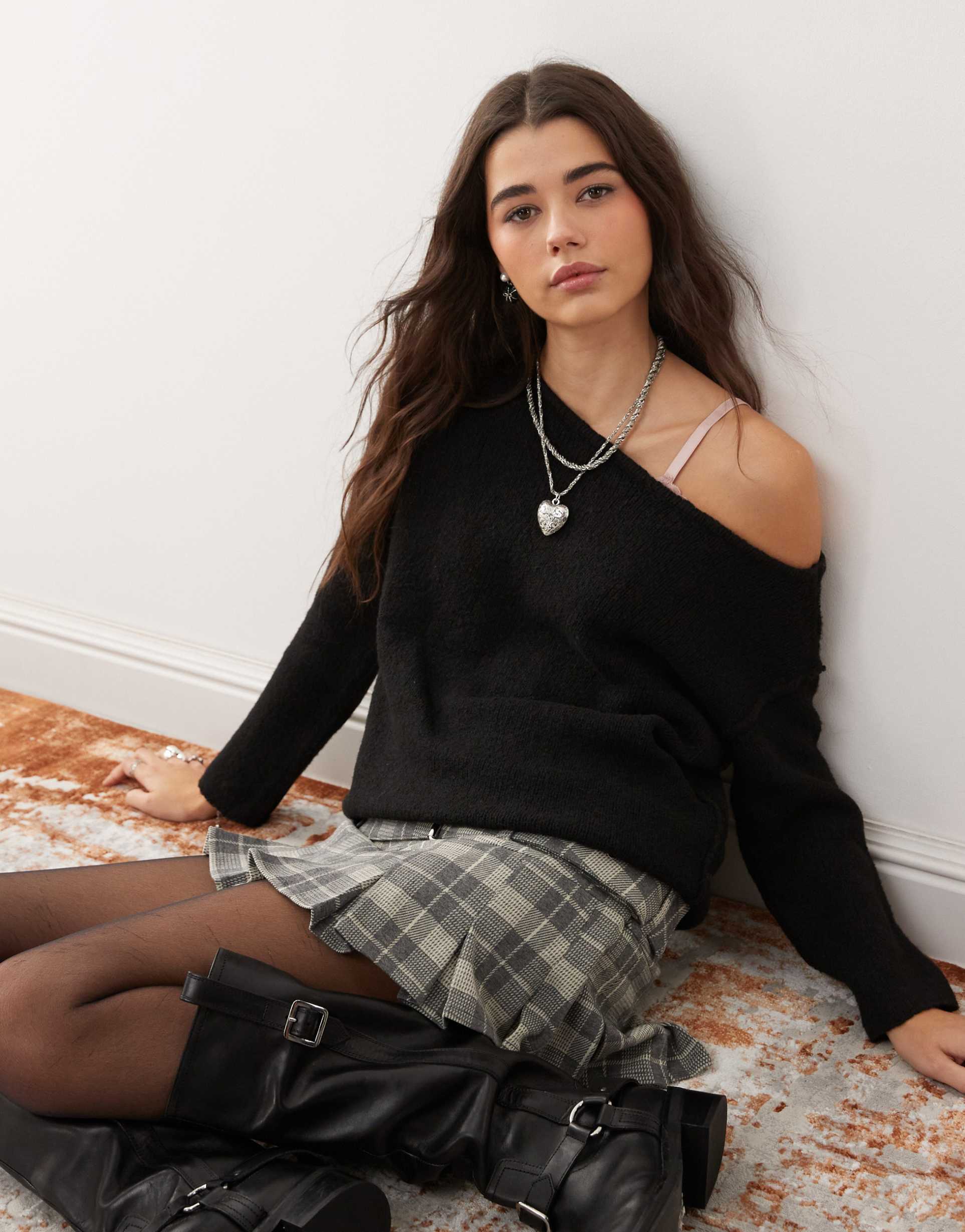 miss selfridge asymmetric off the shoulder slouchy cozy knit sweater in black