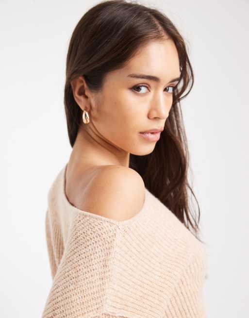 Miss Selfridge asymmetric off the shoulder slouchy cozy knit sweater in camel, 3 of 4