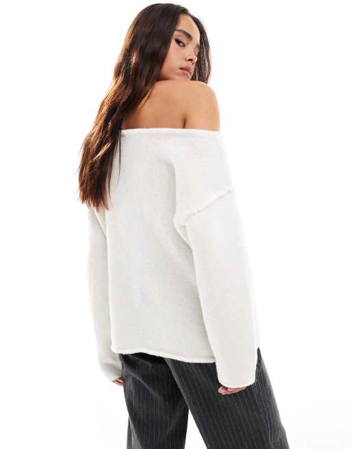 Miss Selfridge asymmetric off the shoulder slouchy cozy knit sweater in cream