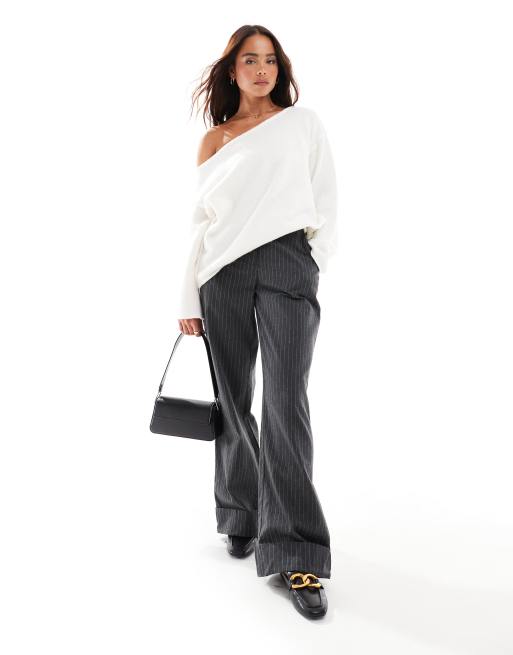 Miss Selfridge asymmetric off the shoulder slouchy cozy knit sweater in cream