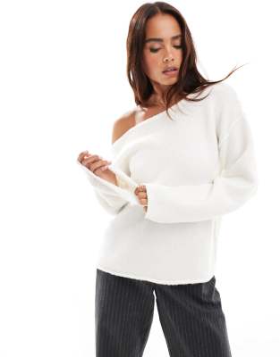 asymmetric off the shoulder slouchy cozy knit sweater in cream-White