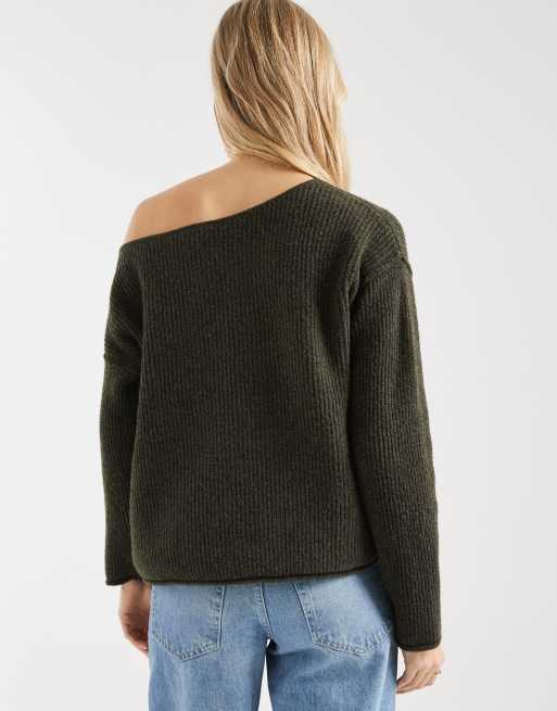 Miss Selfridge asymmetric off the shoulder slouchy cozy knit sweater in olive, 4 of 4