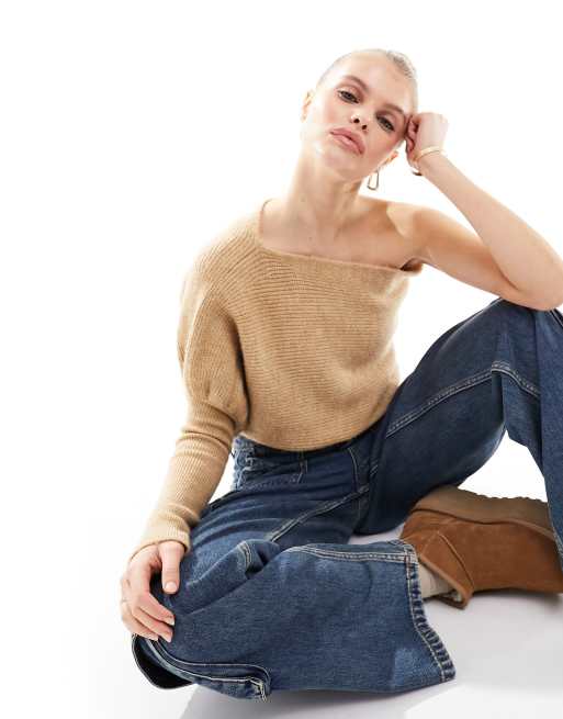 Miss Selfridge asymmetric one shoulder chunky knit in taupe