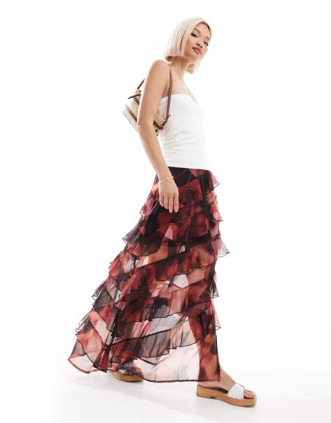 Miss Selfridge asymmetric ruffle maxi skirt in floral print - view 1