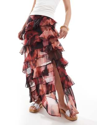 Miss Selfridge Asymmetric Ruffle Maxi Skirt In Red