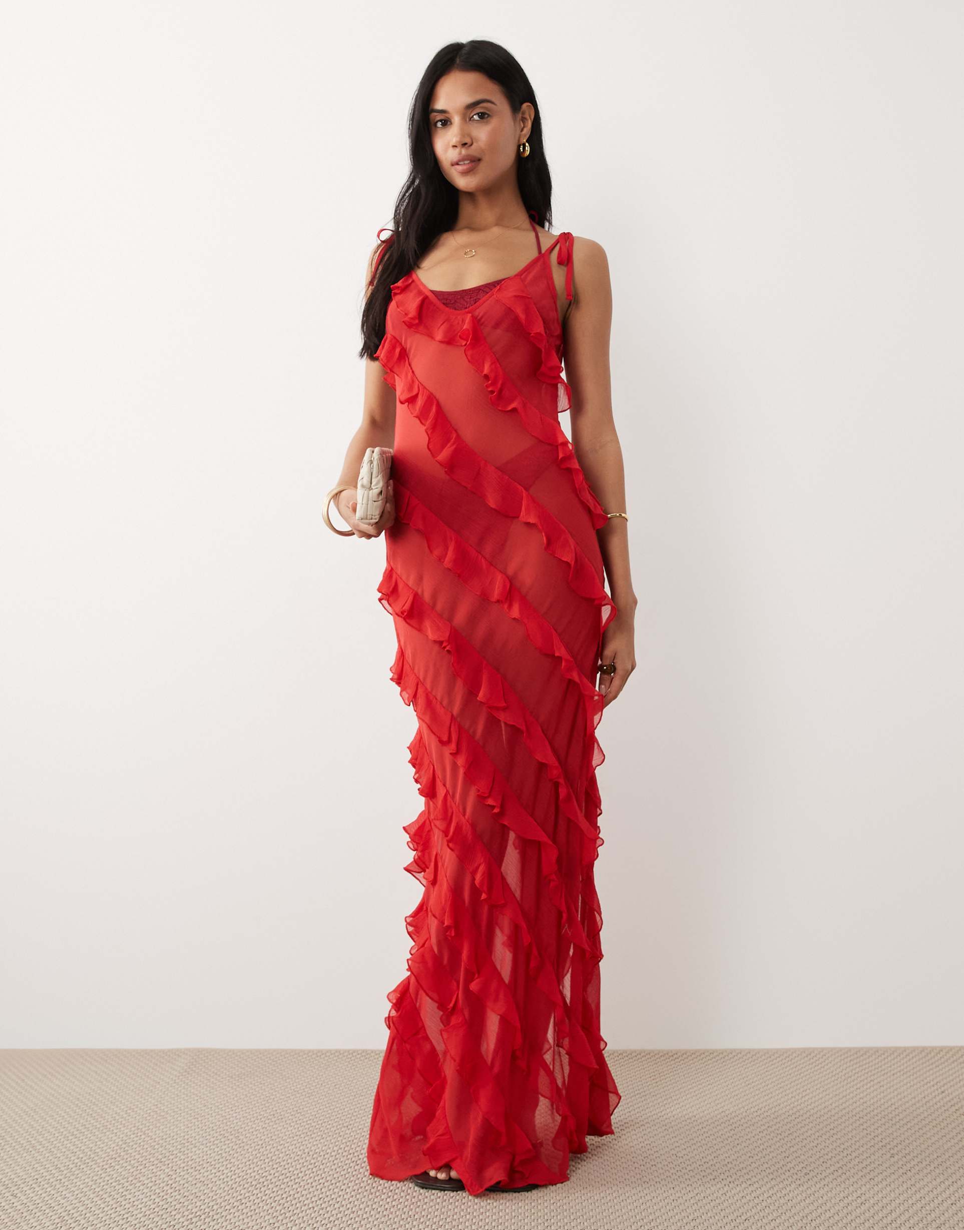 miss selfridge asymmetric ruffles low back beach maxi dress in red