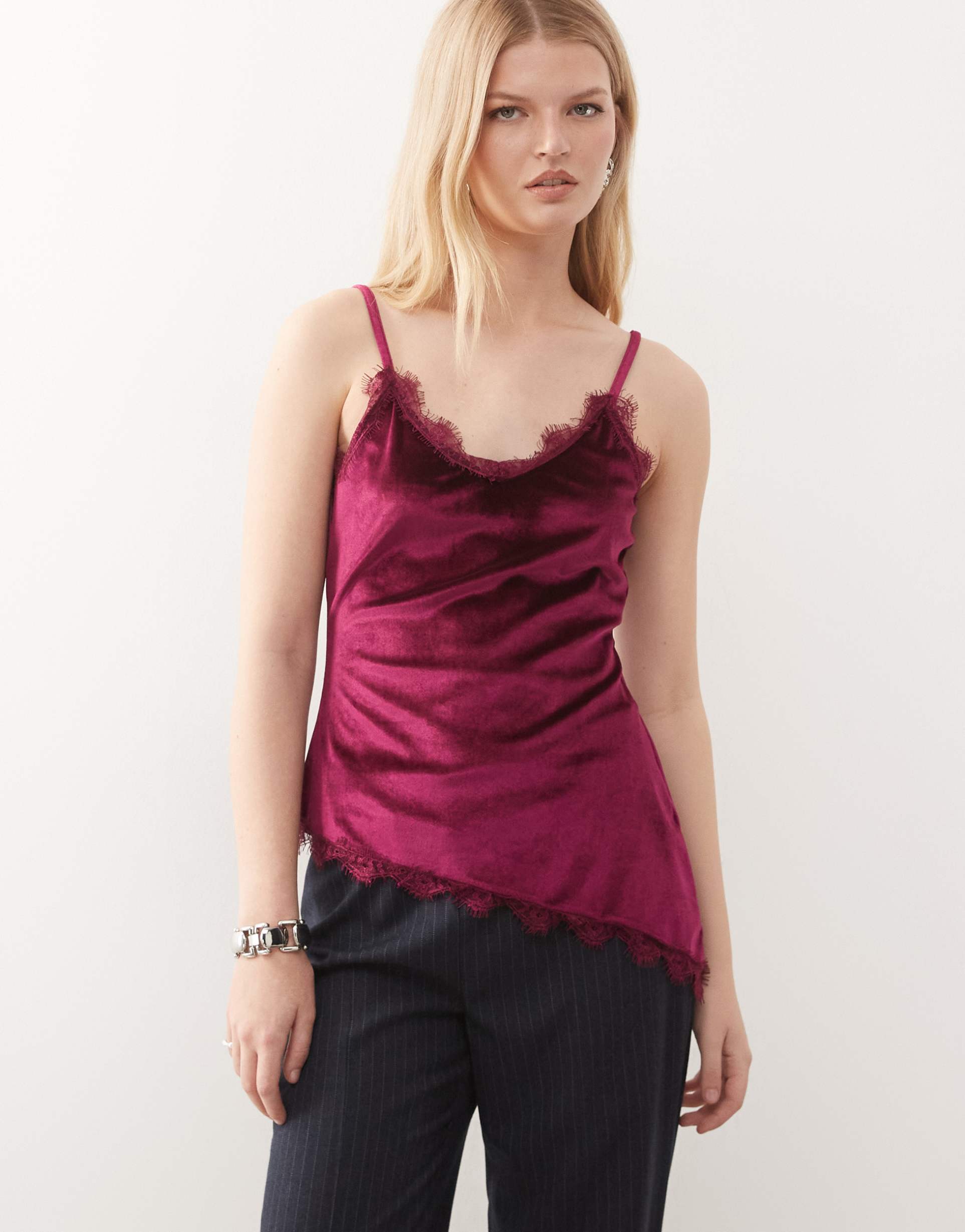 miss selfridge asymmetric velvet cami top with lace trims in plum