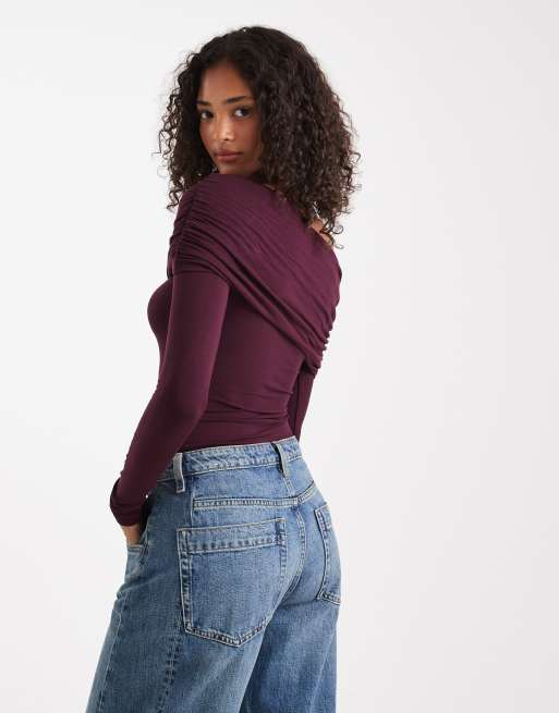 Miss Selfridge - Asymmetrische bardot-body in paars, 3 van 4