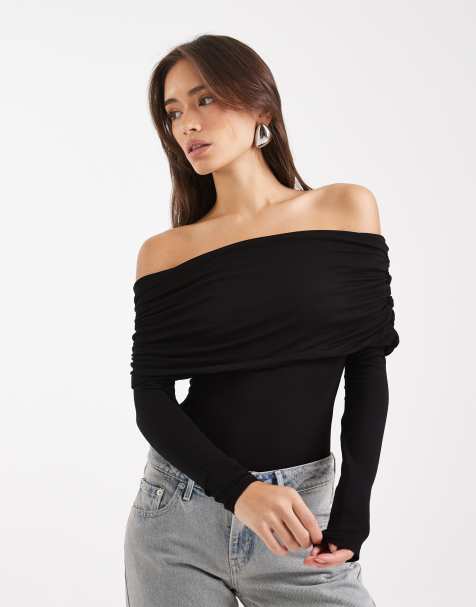Miss Selfridge - Asymmetrische bardot-body in zwart - view 1