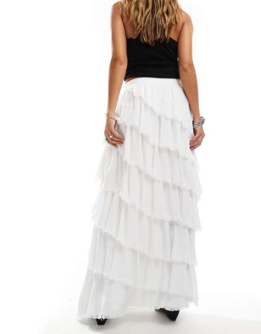 Miss Selfridge - Asymmetrische maxi rok met textuur, stroken en onafgewerkte randen in wit, 4 van 5