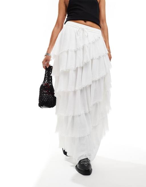 Miss Selfridge - Asymmetrische maxi rok met textuur, stroken en onafgewerkte randen in wit, 5 van 5