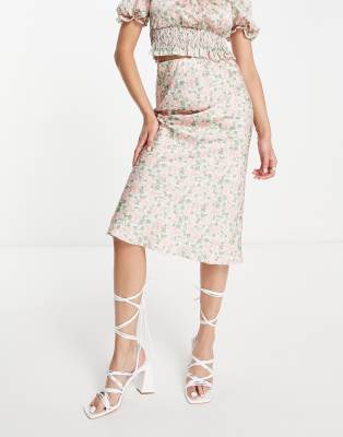 Miss Selfridge - Asymmetrischer Satin-Midirock mit Rosenprint, Kombiteil-Bunt