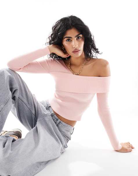 Miss Selfridge – Asymmetrisches, langärmliges Rippstrick-Oberteil in Rosa - view 1