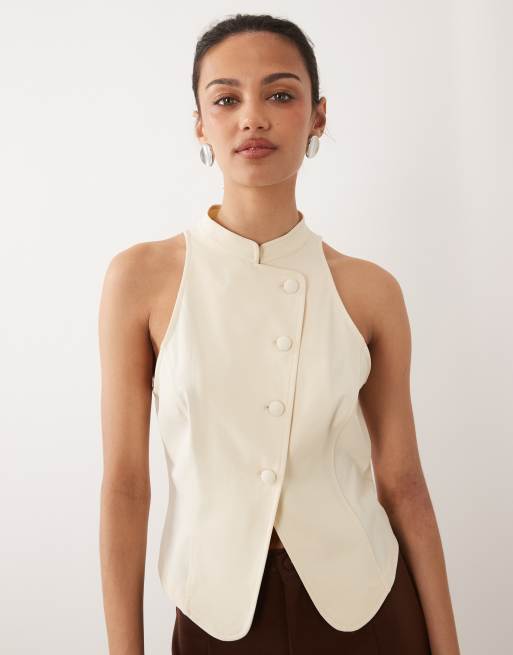 Miss Selfridge – Asymmetrisches Oberteil in Elfenbeinweiß mit abgerundetem Stehkragen, 3 von 4