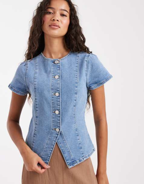 Miss Selfridge - Asymmetrisk og blå denimtop med korte ærmer - view 1