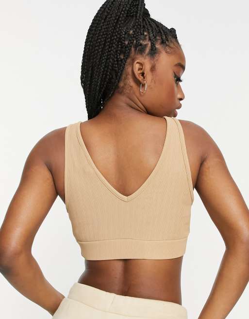 Miss Selfridge - Athletic - Geribbelde sport bh met uitsnijdingen in bruin, 2 van 4
