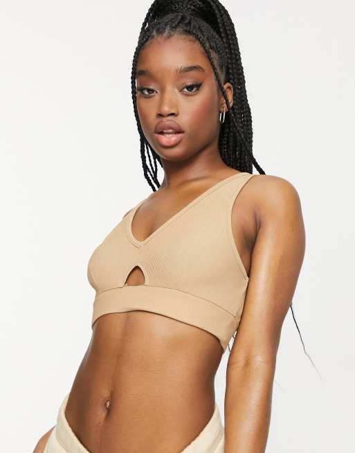 Miss Selfridge - Athletic - Geribbelde sport bh met uitsnijdingen in bruin, 3 van 4