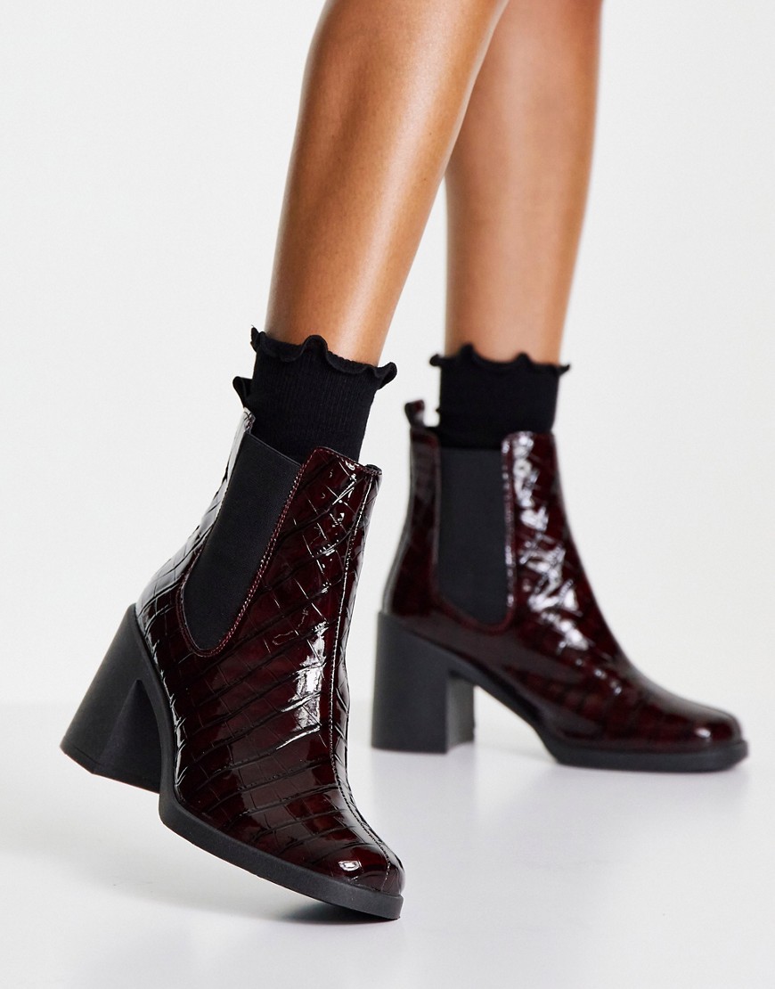 Miss Selfridge Ava burgundy croc patent heel boots-Red