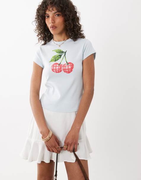 Miss Selfridge - Baby T-shirt met gingham ruit en kersenprint in blauw - view 1