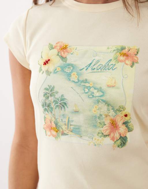 Miss Selfridge baby tee with beaded postcard print in buttermilk, 3 of 4