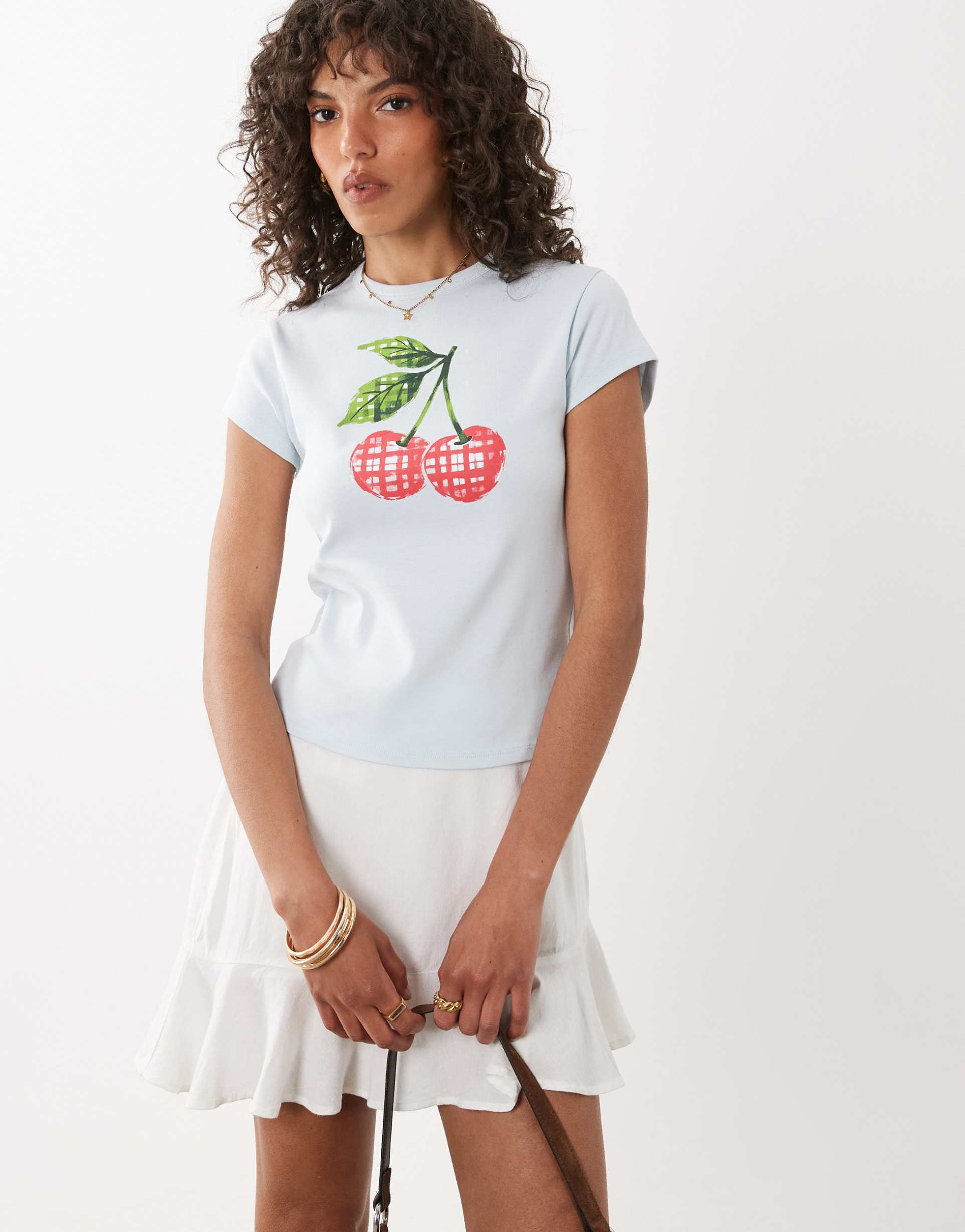 miss selfridge baby tee with gingham cherry print in blue