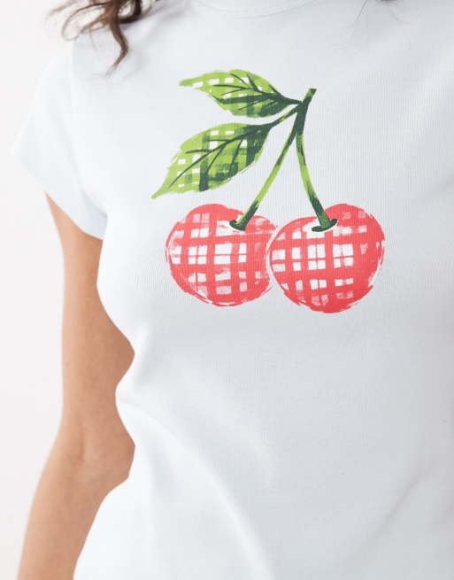 Miss Selfridge baby tee with gingham cherry print in blue, 4 of 4