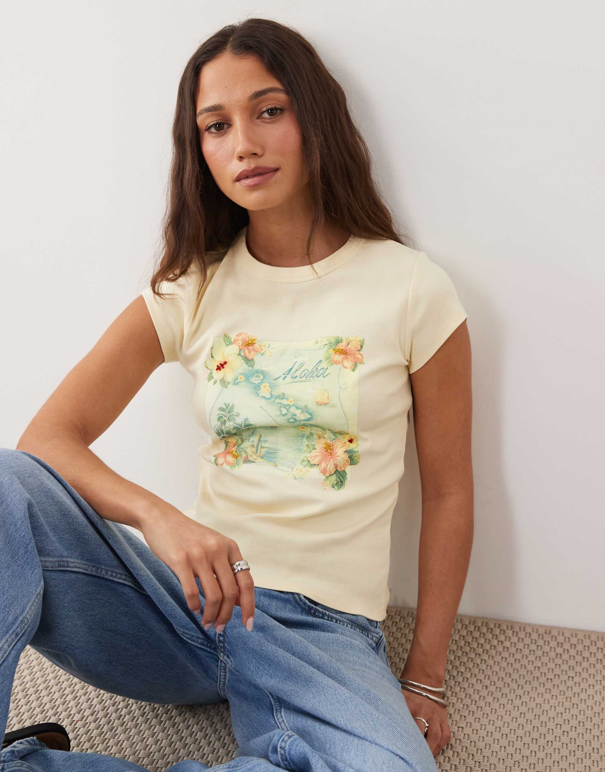miss selfridge baby tee with postcard print in buttermilk