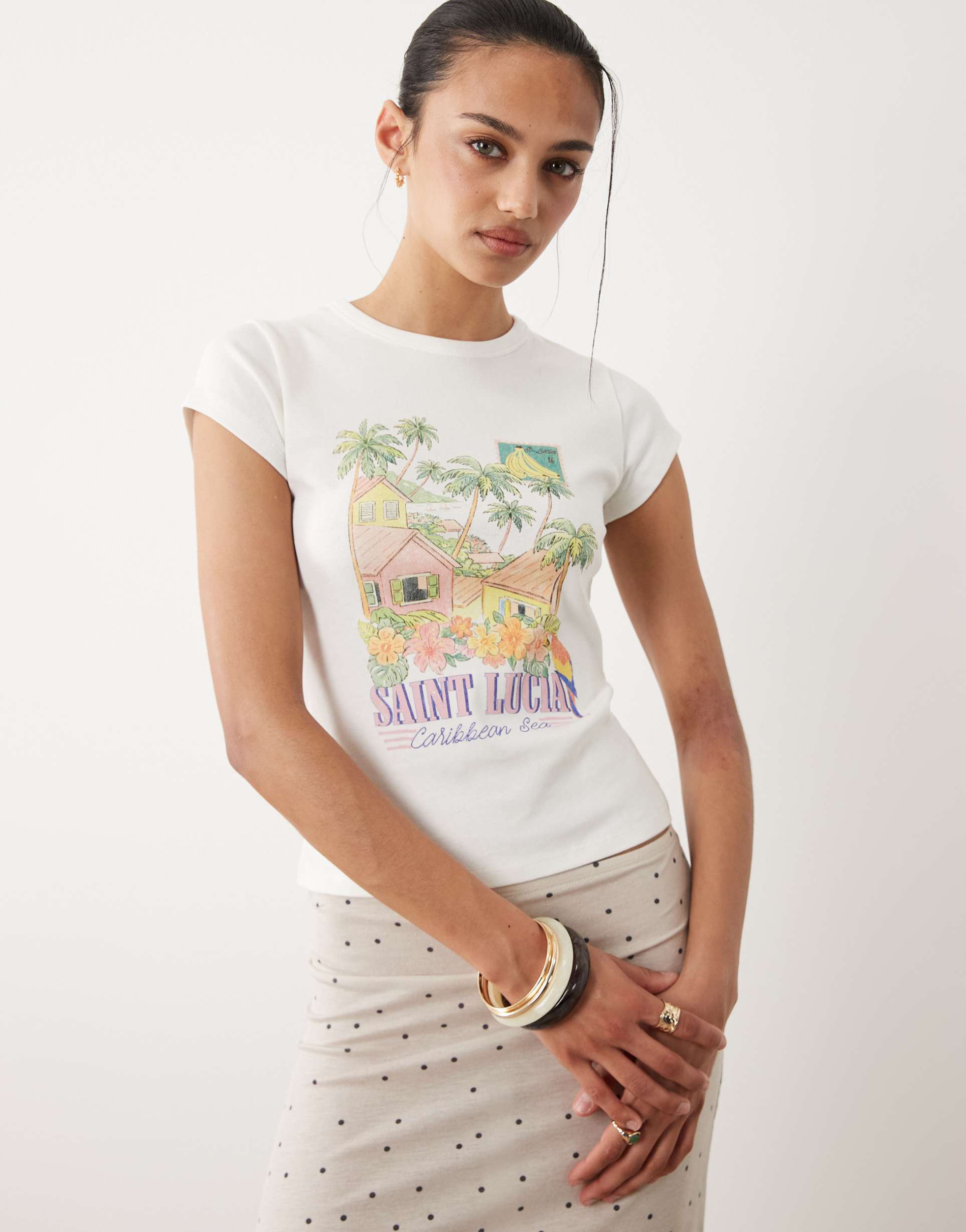 miss selfridge baby tee with saint lucia print in cream