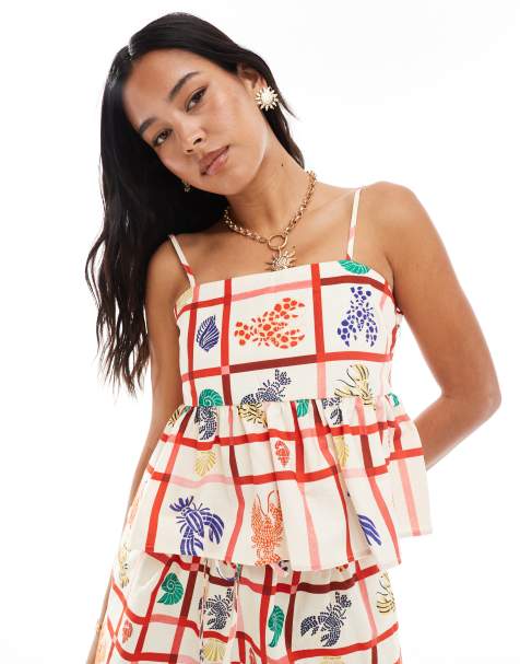 Miss Selfridge - Babydoll camitop van linnenmix met kreeftenprint, deel van co-ord set - view 1
