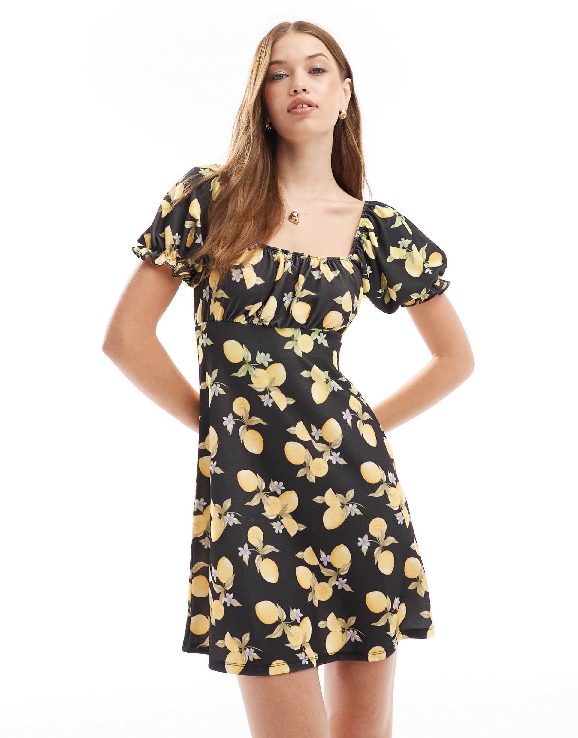 miss selfridge babydoll mini dress in lemon print