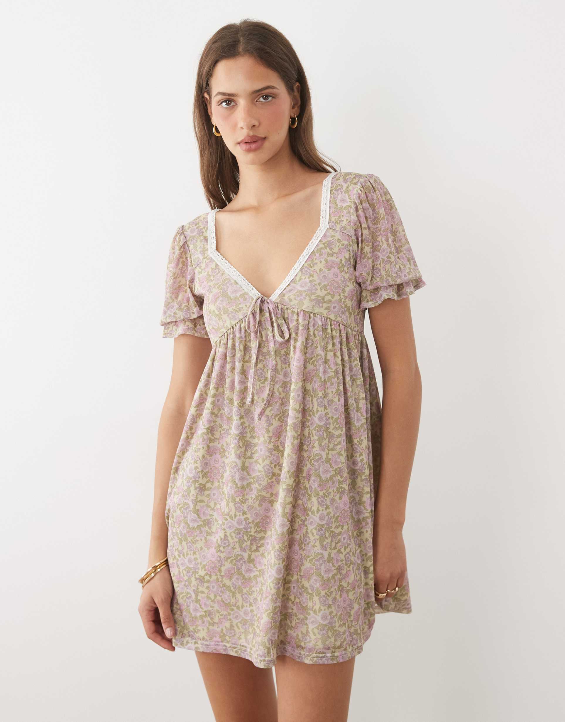 miss selfridge babydoll mini dress with puff sleeves in floral print