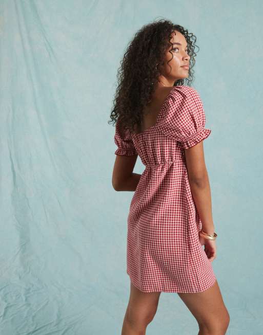 Miss Selfridge - Babydoll-minikjole med blondekant og røde gingham-tern, 2 af 4