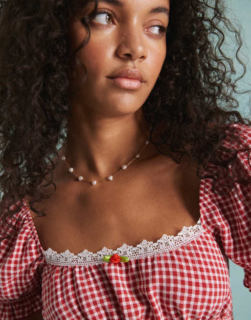 Miss Selfridge - Babydoll-minikjole med blondekant og røde gingham-tern, 4 af 4