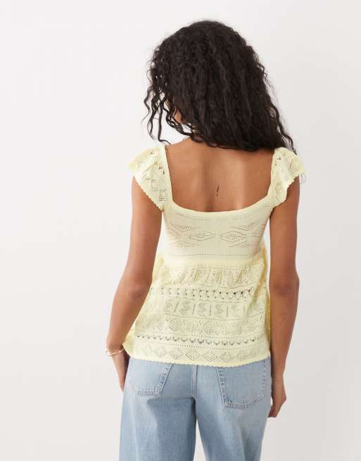 Miss Selfridge babydoll-stickad topp i smörgul, 4 av 4
