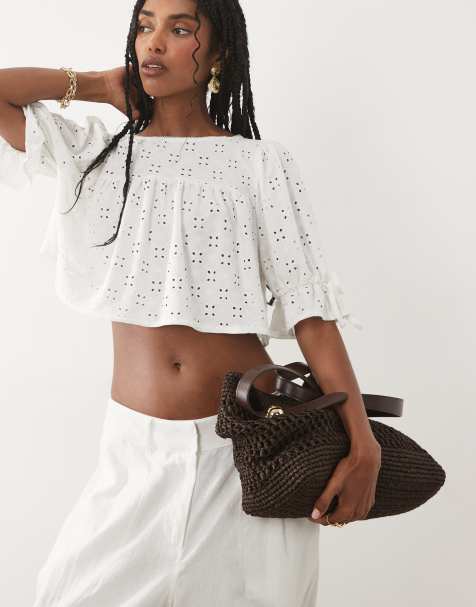 Miss Selfridge - Babydoll top met textuur en picotrandje in wit - view 1