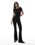 [Miss Selfridge] Miss Selfridge backless cap sleeve kickflare jumpsuit in black-Brown 16 BLACK