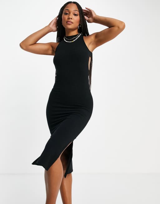 Miss Selfridge backless racer rib midi dress in black